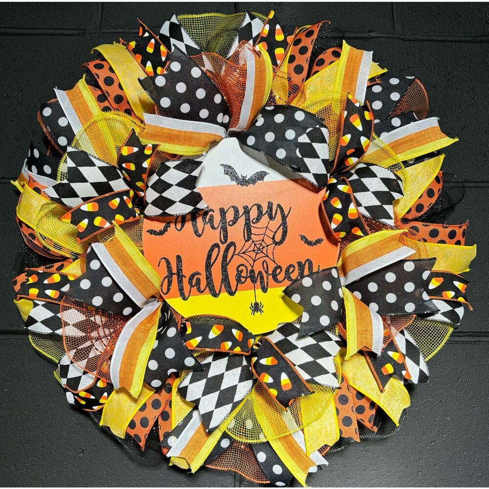 Halloween Wreath~Candy Corn, Trick Or Treat~Large~Front Door~Handmade 22 inch